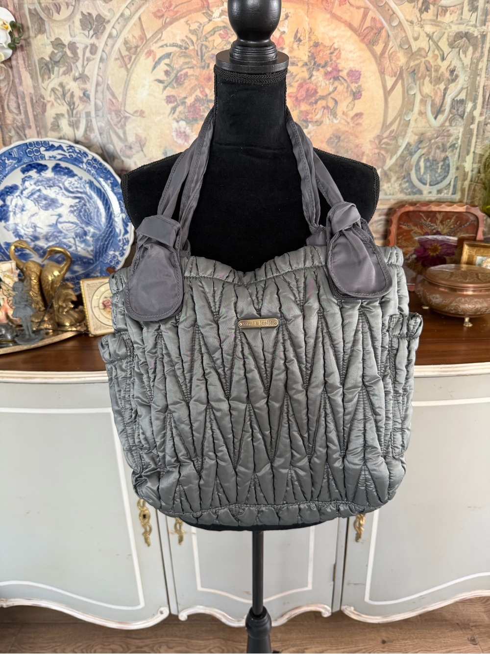 Timi & Leslie Antionette Gray Quilted Boho Style Diaper Bag Tote